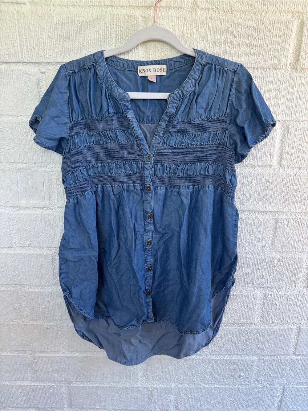 Knox Rose Lyocell Denim-Blue Short Sleeve Button Long Front Top sz S